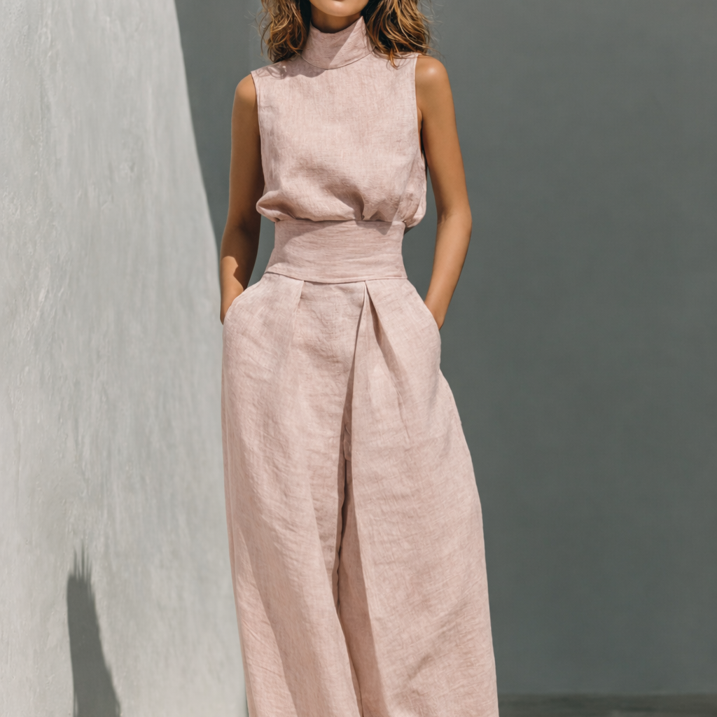 Maria - Conjunto de top e calças largas em algodão e linho minimalista para mulher
